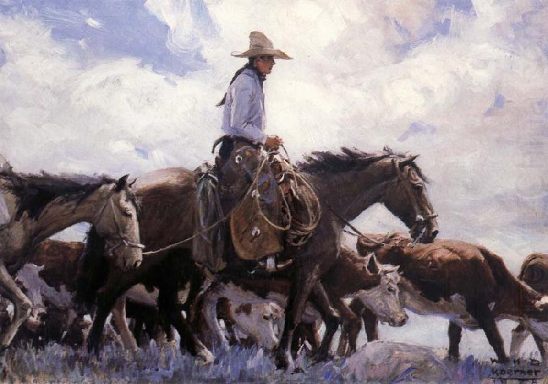 W.H.D. Koerner The Stood There Watching Him Move Across the Range,Leading His Pack Horse oil painting picture